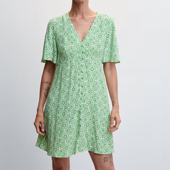MNG (Mango) Size  4 Green & White Printed Button Front Mini Dress Exc. Used Cond - Picture 1 of 13